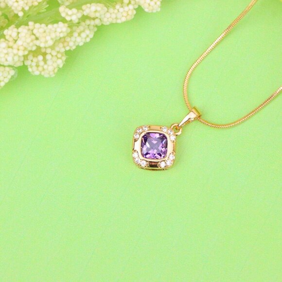 "Purple Cushion Stone Pendant in Gold Plated Brass with Crystal Halo, XPPT1770 - Picture 11 of 13